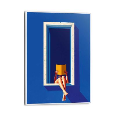 Frontansicht des Wandbilds „Window Reading“ in Blau, Größe 30 × 40 cm; das vollständige Motiv ist zu sehen.