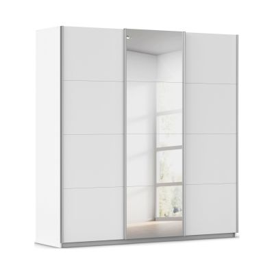 Weißer Kleiderschrank mit Schiebetüren und mittiger Spiegeltür in modernem Design