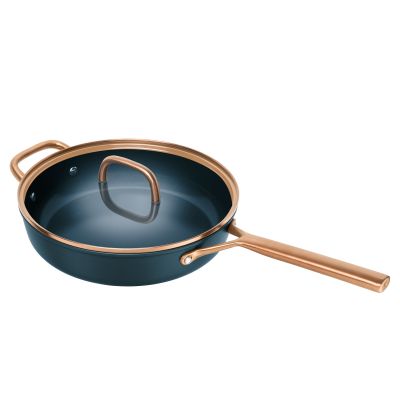 Runde Schmorpfanne mit langem Griff und Glasdeckel, Serie Milano von ZWILLING, in Blau, Ø 28 cm, freigestellt auf weißem Hintergrund.