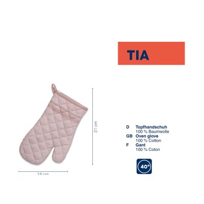 Topfhandschuh in Nougat neben einer Übersicht mit Material- und Pflegehinweisen