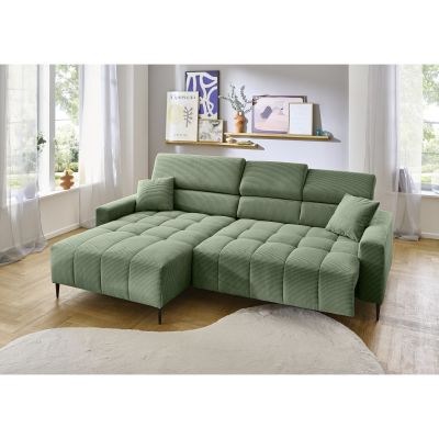 Stilvolles Ecksofa in grünem Cordstoff mit klarer Linienführung und weicher Polsterung, modernes Wohnambiente.