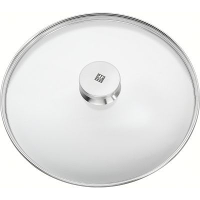 Runder Glasdeckel mit Edelstahlrand und Metallknauf, Serie Twin Specials von ZWILLING, Ø 28 cm, freigestellt auf weißem Hintergrund.