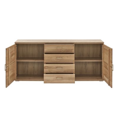 Geöffnetes Sideboard in Alteiche mit seitlichen Einlegeböden und vier Schubladen in der Mitte
