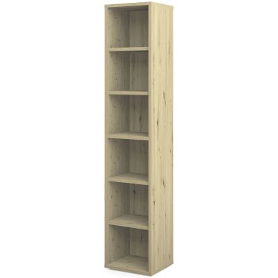 Schmaler Regalschrank in heller Eiche mit sechs offenen Fächern, modernes und schlichtes Design für Büro oder Wohnraum