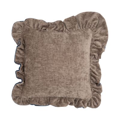 Braun-blaue Kissenhülle Romance, 43 × 43 cm, mit breiter umlaufender Rüschenkante und strukturierter Mitte.
