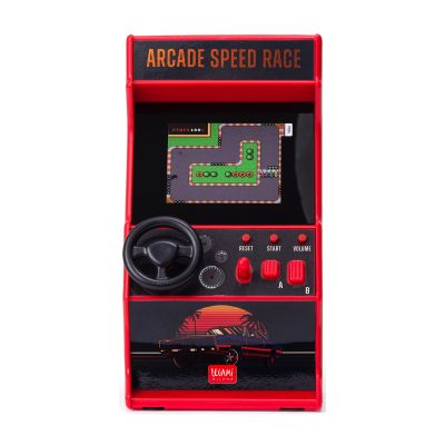 Rotes Mini-Arcade-Rennspiel, frontal als roter Mini-Arcade-Automat mit Lenkrad dargestellt.