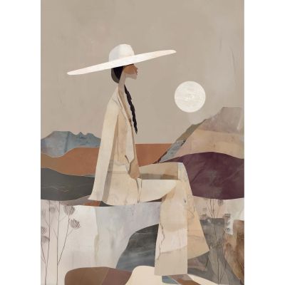 Hochformatiges Wandbild mit einer Frau in hellem Kleid und Hut vor abstrakter Wüstenlandschaft mit Hügeln und weißer Sonne in Beige- und Brauntönen