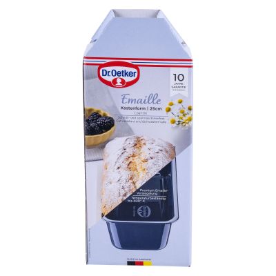 Verpackung der Emaille Kastenform 25 cm mit Kuchenabbildung und Produktinfos