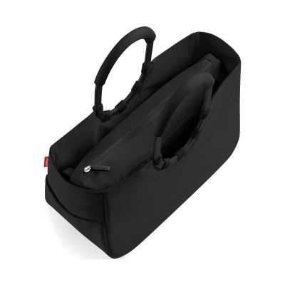 Shopper von Reisenthel, Modell Loopshopper M, in Schwarz mit schwarzen Rahmendetails, schräg von oben mit geöffnetem Innenraum und Innentasche.