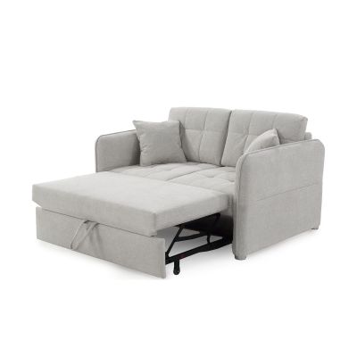 Ausgezogenes Schlafsofa in Hellgrau mit großer Liegefläche und sichtbarer Ausziehmechanik