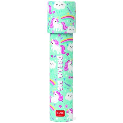 Mintfarbenes Kaleidoskop im Einhorn-Design, senkrecht und vollständig auf weißem Hintergrund dargestellt.
