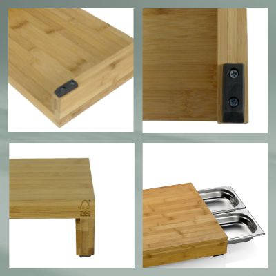 Vier Detailbilder zeigen die Holzmaserung die Unterseite einen Standfuß und das Schneidebrett mit zwei herausziehbaren Auffangschalen