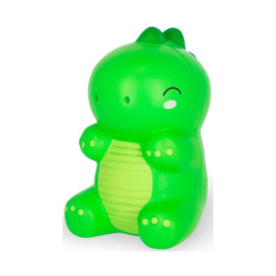 Grüne Antistress-Figur in Dinosaurierform, frontal auf weißem Hintergrund dargestellt.