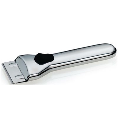 Kochfeldreiniger in Silber glänzend mit langem Griff schwarzer Griffmulde und flacher Schaberklinge