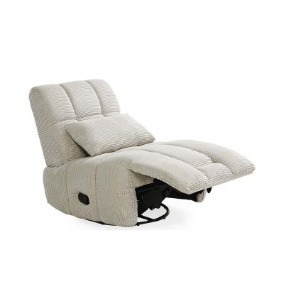 Komfortabler Relaxsessel mit verstellbarer Rückenlehne und ausklappbarer Fußstütze, bezogen mit beigem Cordstoff.