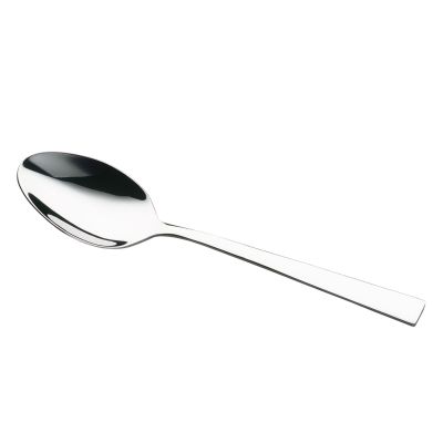 Kaffeelöffel Fusion: polierter Fusion Kaffeelöffel aus Edelstahl mit kleiner ovaler Laffe und geradlinigem Griff, diagonal freigestellt.