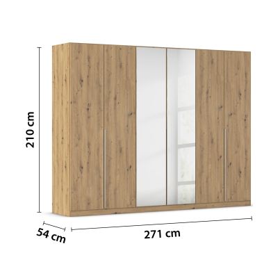 Kleiderschrank in Eiche Artisan mit Spiegeltüren und Maßangaben 271 cm Breite, 210 cm Höhe und 54 cm Tiefe