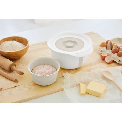 Rührschüssel mit Deckel und Zubehör auf einer Küchenarbeitsplatte neben Backzutaten