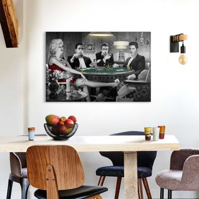 Das Wandbild „Consani - four of a kind“ in Schwarz-Weiß, 60 × 90 cm, hängt in einem eingerichteten Wohnraum und zeigt die Größenwirkung an der Wand.
