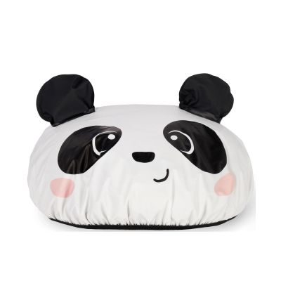 Weiße Duschhaube im Panda-Design, frontal mit Tiergesicht, Ohren und elastischem Rand dargestellt.