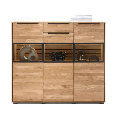 Highboard Musterring Set One Jackson in Eiche mit drei beleuchteten Vitrinenfächern und schwarzen Rahmenelementen