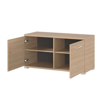 Sitzbank aus Holzoptik mit geöffneten Türen und sichtbaren Innenfächern