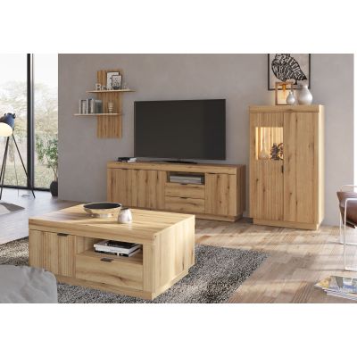 Delamar Wohnkombination in Eiche Artisan mit Couchtisch, TV-Lowboard, Wandregal und beleuchteter Vitrine im modernen Wohnstil