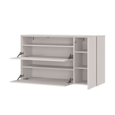 Beige Schuhschrank, Schrägansicht mit offenen Klappen und Tür