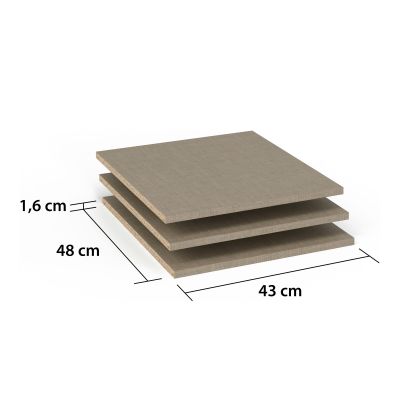 Drei übereinander gestapelte Fachböden in naturfarbener Leinenoptik, daneben Maßangaben 48 cm Tiefe, 43 cm Breite und 1,6 cm Stärke