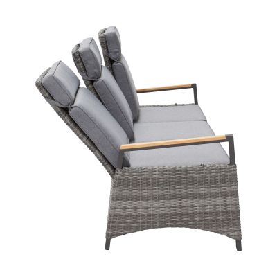 Gartensofa in Seitenansicht mit dargestellten Positionen der verstellbaren Rückenlehnen vor weißem Hintergrund
