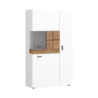 Moderner Vitrinenschrank in Weiß mit Akzenten in Eiche Artisan, Glaseinsatz und schwarzem Griff