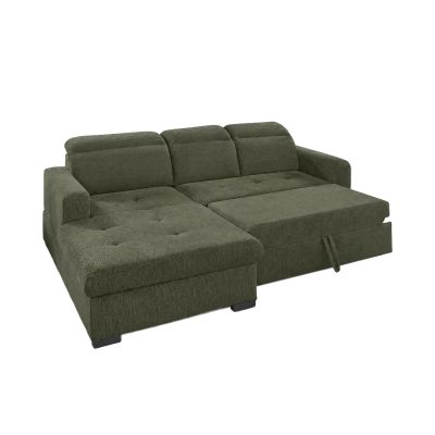 Grünes Ecksofa in Cord-Optik mit Ottomane links und ausgezogener Liegefläche für zusätzlichen Schlafkomfort