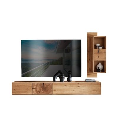 Wohnwand aus Holz mit Lowboard und seitlichem Hängeregal sowie Fernseher in freigestellter Ansicht