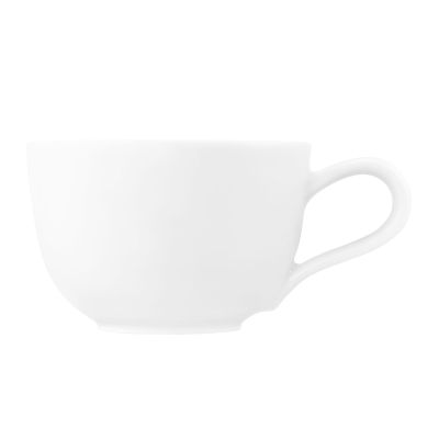Tasse in Weiß. Darstellung: Ansicht der zweiten Seite. Merkmale: kompakte geradlinige Form mit eckigem Henkel.