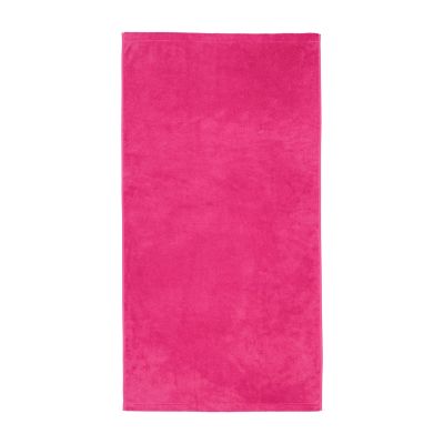 Duschtuch in der Farbe Pink, flach auf weißem Hintergrund gezeigt; gleichmäßige Frotteeoberfläche und saubere Säume sind sichtbar.