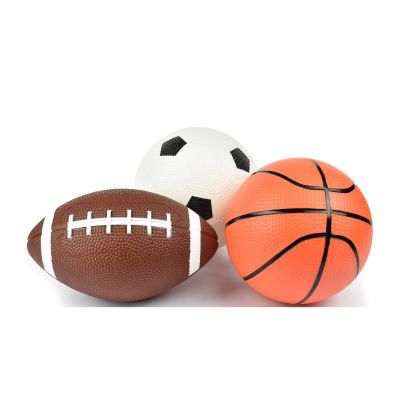 Drei Mini-Bälle für Basketball, Fußball und American Football, mit Basketball, Fußball und American Football als Gruppe dargestellt.