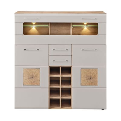 Modernes Highboard in Kaschmir und Eiche mit beleuchteten Glasfächern, Schubladen und integriertem Weinregal.
