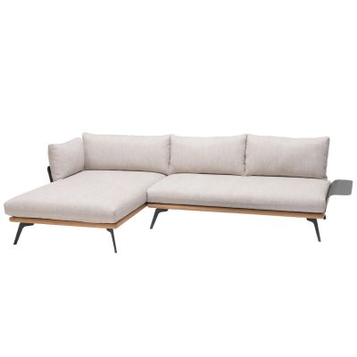 Garten Ecksofa mit Liegeelement, gepolsterten Sitz und Rückenkissen sowie Metallgestell auf weißem Hintergrund