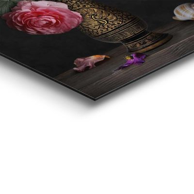 Detailaufnahme einer Ecke des Wandbilds „Flower Portrait“, 30 × 90 cm; Oberfläche, Kante und Materialstärke sind sichtbar.