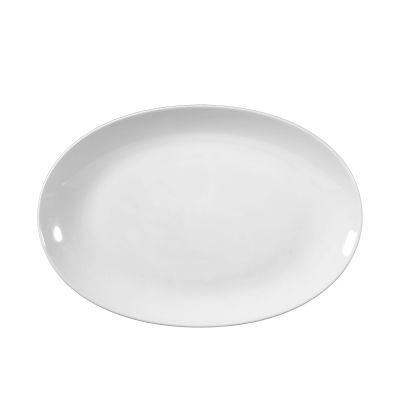 Servierplatte in Weiß. oval mit breiter Ablagefläche und sanftem Rand. Ansicht: Draufsicht.