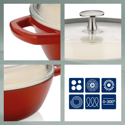 Vier Detailbilder zeigen den seitlichen Griff den Glasdeckel mit Metallknauf den hellen Pfannenrand und Symbole zu den Verwendungsmöglichkeiten