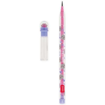Rosa Stapelbleistift mit Katzenradierer, mit separat liegendem Radierer-Endstück neben dem Stift gezeigt.