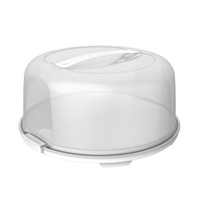 Runde transparente Kuchenhaube mit weißem Unterteller und Griff