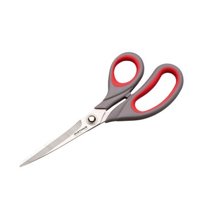 Haushaltschere 21cm Küchenchef: Haushaltschere mit langen Edelstahlklingen und rot-schwarzen ergonomischen Griffen, diagonal freigestellt.