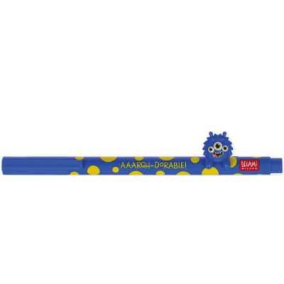 Blauer Gelstift mit Monster-Aufsatz, vollständig auf weißem Hintergrund dargestellt.