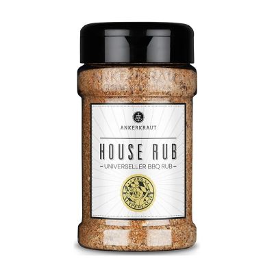Ankerkraut House Rub im hohen Streuer mit schwarzem Deckel, weißem Hochformat-Etikett und brauner Gewürzmischung.