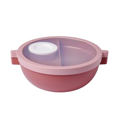 Runde Bento-Lunchbowl Vita in Altrosa mit seitlichen Verschlüssen; durch den Deckel sind die Unterteilung und ein kleiner Behälter mit weißem Deckel sichtbar.