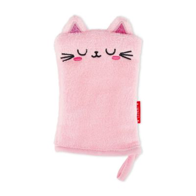 Rosafarbener Abschminkhandschuh im Katzen-Design, aufrecht mit Tierohren, Gesicht und Schlaufe dargestellt.