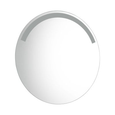 LED-Spiegel Agda, frontal mit einem hellen Segment im oberen Randbereich; Maße ca. 60 x 60 x 4 cm.