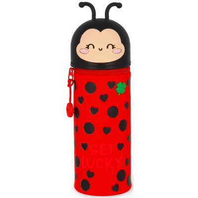 Rotes 2-in-1-Silikon-Federmäppchen im Marienkäfer-Design, geschlossen und aufrecht als Tierfigur dargestellt.